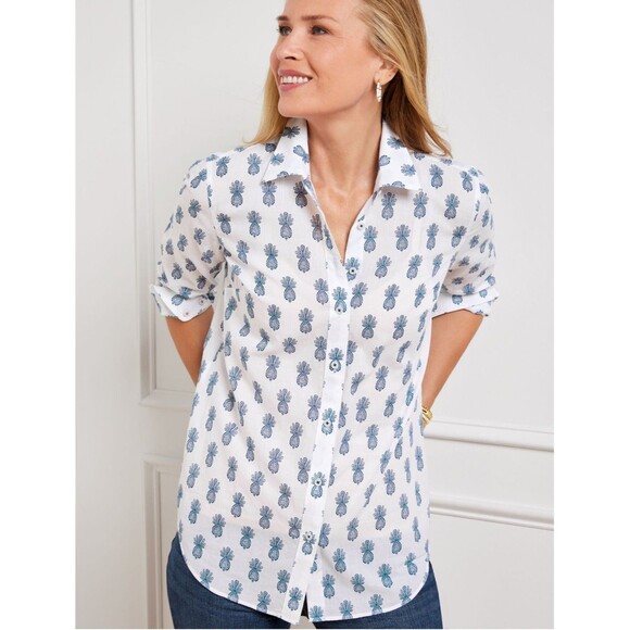 Talbots Size M Blouse Pineapple Medallion Lightweight Button Up Cotton Chic - Picture 1 of 10